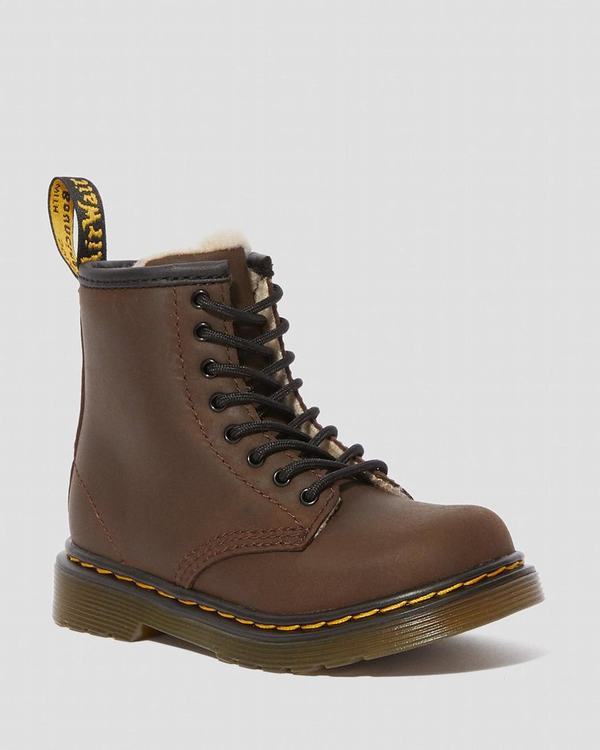 Dr Martens Dětské Kotníkové Boty Toddler Fur-lined 1460 Serena Tmavě Hnědé, CZ-926170